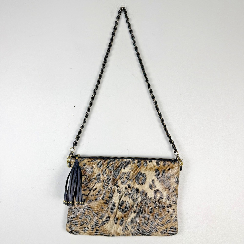 Chez Crossbody Bag Womens Beige Leopard Print Leather Classic Tassel Chain Strap